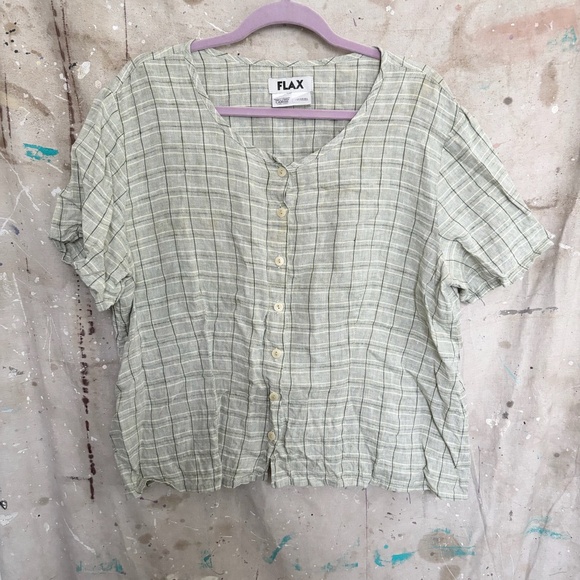 Flax 100% Linen Button Down Short Sleeve Plaid Shirt - Picture 1 of 3